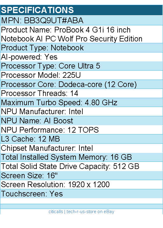 HP BB3Q9UT#ABA ProBook 4 G1i 16" Touchscreen Notebook - Intel Core Ultra 5 225U