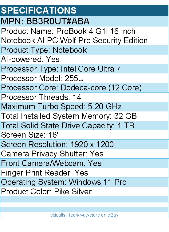 HP BB3R0UT#ABA ProBook 4 G1i 16" Touchscreen Notebook - Intel Core Ultra 7 255U