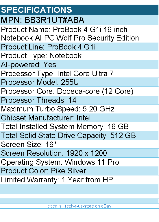 HP BB3R1UT#ABA ProBook 4 G1i 16" Notebook - Intel Core Ultra 7 255U
