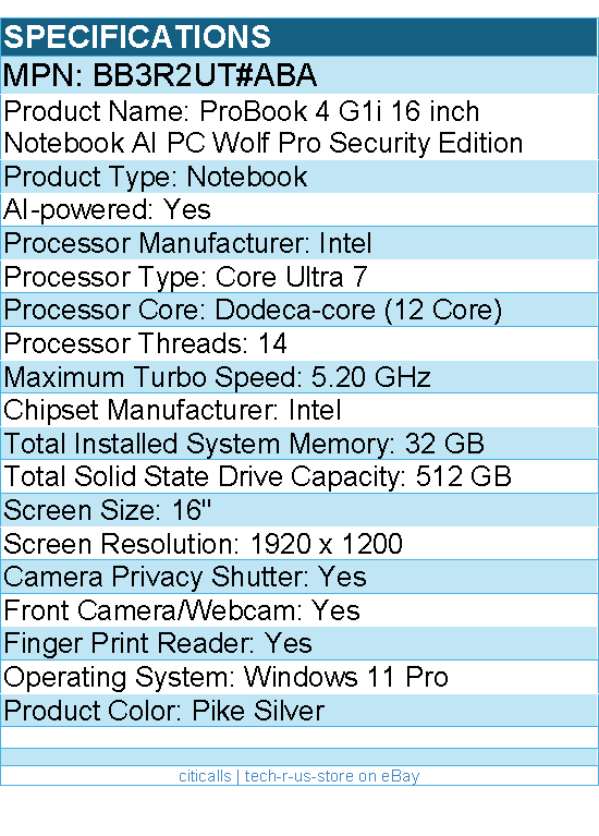 HP BB3R2UT#ABA ProBook 4 G1i 16" Notebook - Intel Core Ultra 7 255U -Pike Silver