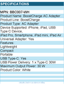 Belkin BBC007-WH 30W Portable USB-C Wall Charger - 1xUSB-C (30W) - Fast Charge