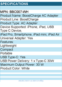 Belkin BBC007-WH 30W Portable USB-C Wall Charger - 1xUSB-C (30W) - Fast Charge