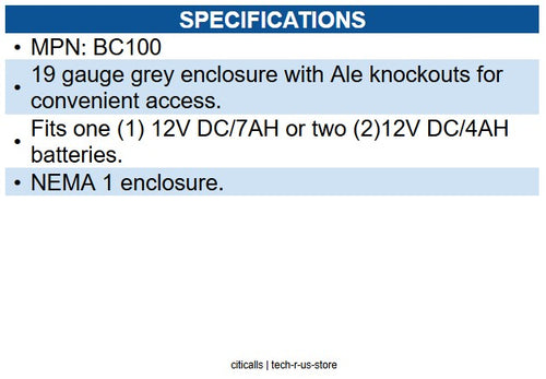 Altronix BC100 Power Supply/Battery Enclosure 8.5" x 7.5" x 3.5" D, Indoor, Gray