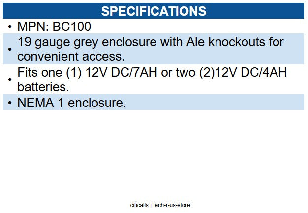 Altronix BC100 Power Supply/Battery Enclosure 8.5" x 7.5" x 3.5" D, Indoor, Gray