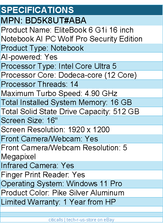 HP BD5K8UT#ABA EliteBook 6 G1i 16" Notebook - WUXGA - Intel Core Ultra 5 235U