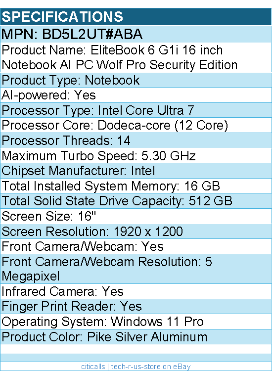 HP BD5L2UT#ABA EliteBook 6 G1i 16" Notebook - WUXGA - Intel Core Ultra 7 265U