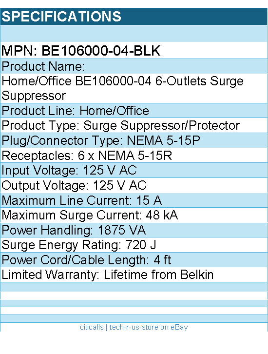 Belkin BE106000-04-BLK 6-Outlet Home and Office Surge Protector - 4 foot cord