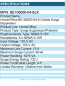 Belkin BE106000-04-BLK 6-Outlet Home and Office Surge Protector - 4 foot cord