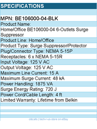 Belkin BE106000-04-BLK 6-Outlet Home and Office Surge Protector - 4 foot cord