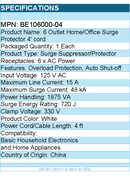 Belkin BE106000-04 6 Outlet Home and Office Power Strip Surge Protector