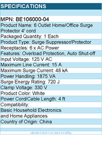 Belkin BE106000-04 6 Outlet Home and Office Power Strip Surge Protector