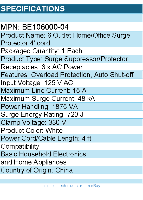 Belkin BE106000-04 6 Outlet Home and Office Power Strip Surge Protector