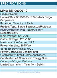 Belkin BE106000-10 6 Outlet Home/Office Surge Protector - Rotating Plug
