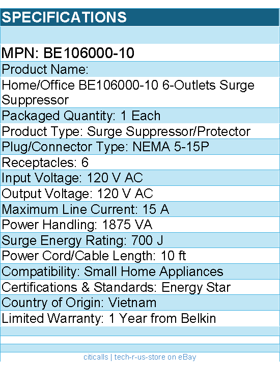 Belkin BE106000-10 6 Outlet Home/Office Surge Protector - Rotating Plug