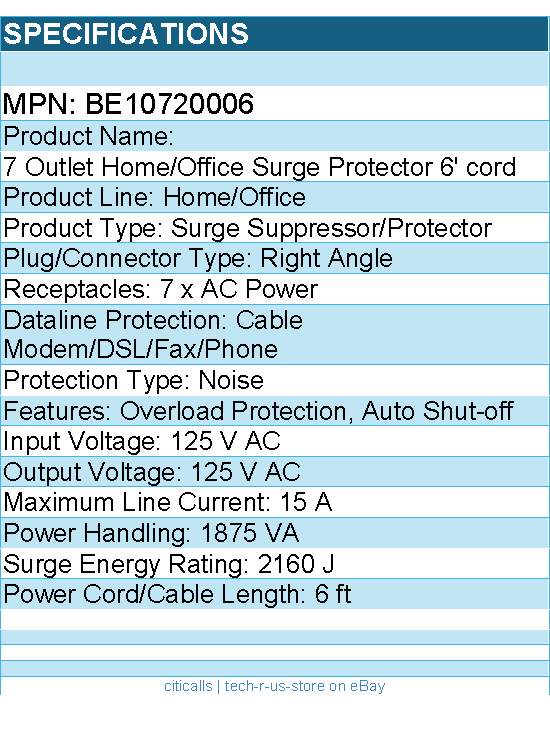 Belkin BE10720006 7-Outlet Surge Protector - 6ft Cord - Right Angle Plug