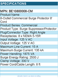 Belkin BE10800008-CM 8-Outlet Surge Protector - 8ft Cord - Right Angle Plug