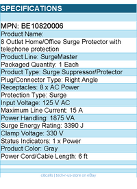 Belkin BE10820006 8-Outlet Surge Protector - 6ft Cord - Right Angle Plug - 3550J