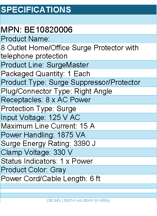 Belkin BE10820006 8-Outlet Surge Protector - 6ft Cord - Right Angle Plug - 3550J