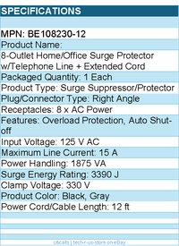 Belkin BE108230-12 8-Outlet Surge Protector - 12ft Cord - Right Angle Plug