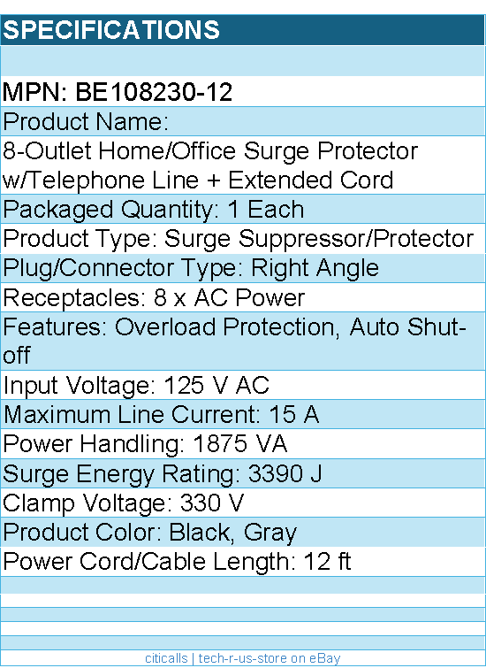 Belkin BE108230-12 8-Outlet Surge Protector - 12ft Cord - Right Angle Plug