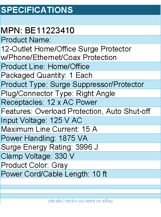 Belkin BE11223410 12-Outlet Surge Protector - 8ft Cord - Right Angle Plug