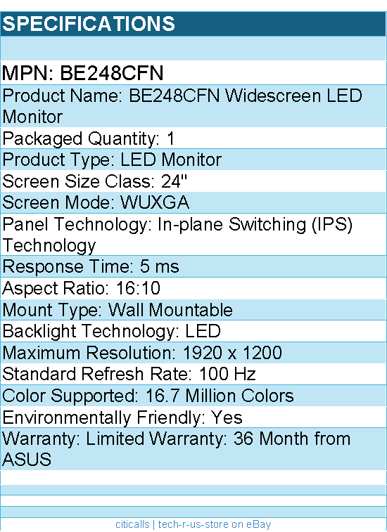 Asus BE248CFN 24" Class WUXGA LED Monitor - 16:10 - LED Backlight - Black