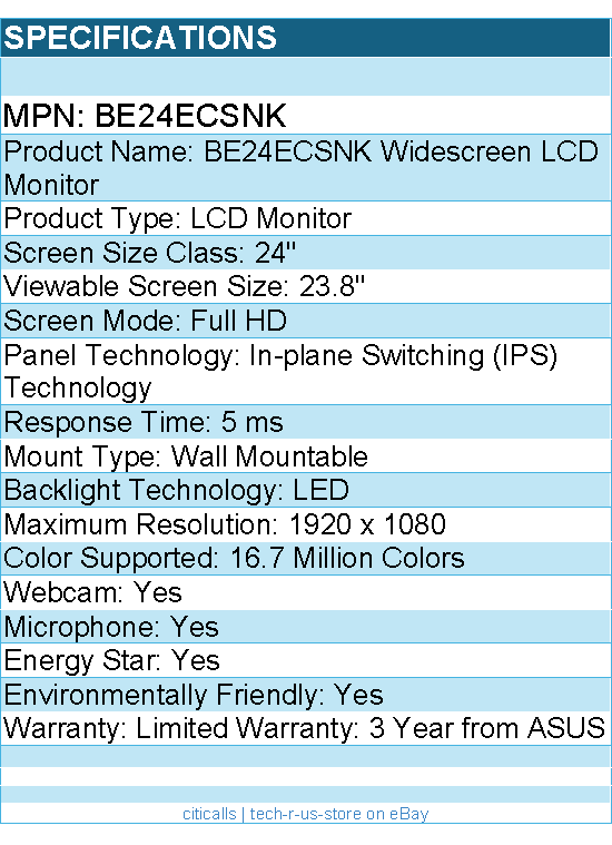 ASUS BE24ECSNK 24" Class Webcam Full HD LCD Monitor - 16:9 - 1920 x 1080