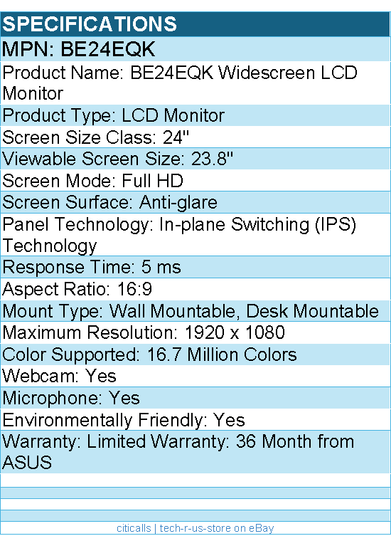 ASUS BE24EQK 24" Class Webcam Full HD LCD Monitor - 16:9 - Black