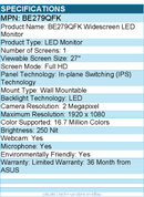 Asus BE279QFK 27" Class Webcam Full HD LED Monitor - 16:9 - 1920 x 1080