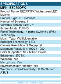 Asus BE279QFK 27" Class Webcam Full HD LED Monitor - 16:9 - 1920 x 1080