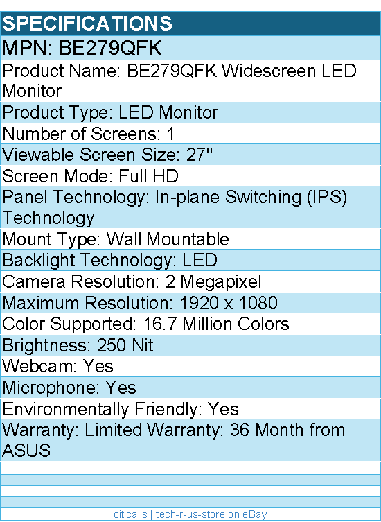 Asus BE279QFK 27" Class Webcam Full HD LED Monitor - 16:9 - 1920 x 1080