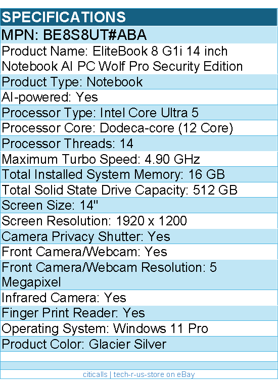HP BE8S8UT#ABA EliteBook 8 G1i 14" Notebook  - 60 Hz - Intel Core Ultra 5 235U