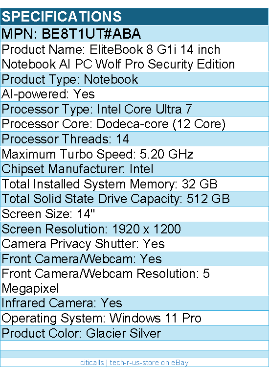 HP BE8T1UT#ABA EliteBook 8 G1i 14" Notebook - Intel Core Ultra 7 255U