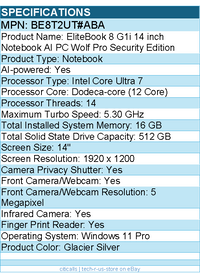 HP BE8T2UT#ABA EliteBook 8 G1i 14" Notebook - WUXGA - 60 Hz - Intel Core Ultra 7