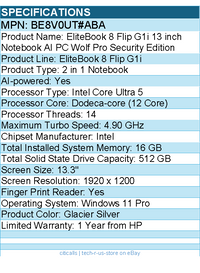 HP BE8V0UT#ABA EliteBook 8 Flip G1i 13.3"Touchscreen Convertible 2 in 1 Notebook