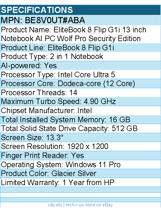 HP BE8V0UT#ABA EliteBook 8 Flip G1i 13.3"Touchscreen Convertible 2 in 1 Notebook