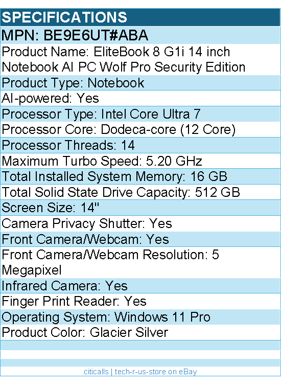 HP BE9E6UT#ABA EliteBook 8 G1i 14" Touchscreen Notebook - Intel Core Ultra 7