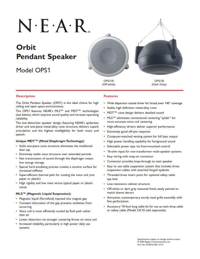 Bogen OPS1 OPS1B Orbit Pendant Hanging Speaker Black 140-Deg 70V MDT MLS