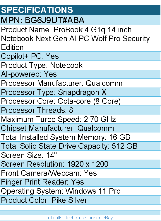 HP BG6J9UT#ABA ProBook 4 G1q 14" Copilot+ PC Notebook - Pike Silver