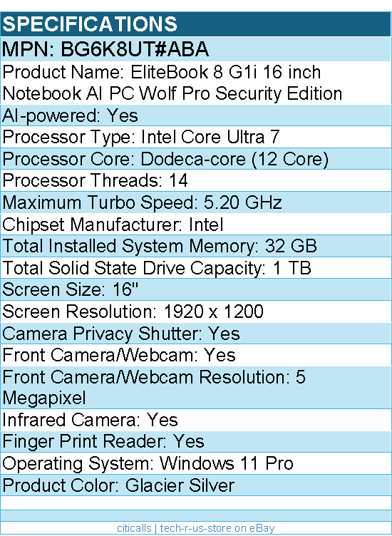 HP BG6K8UT#ABA EliteBook 8 G1i 16" Notebook - Intel Core Ultra 7 255U