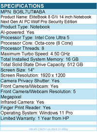 HP BG6L7UT#ABA EliteBook 8 G1i 14" Touchscreen Notebook - Intel Core Ultra 5