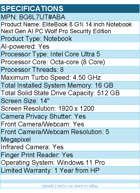 HP BG6L7UT#ABA EliteBook 8 G1i 14" Touchscreen Notebook - Intel Core Ultra 5