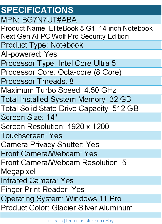 HP BG7N7UT#ABA EliteBook 8 G1i 14" Touchscreen Notebook - Intel Core Ultra 5