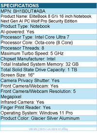 HP BH1B0UT#ABA EliteBook 8 G1i 16" Touchscreen Notebook - Intel Core Ultra 7