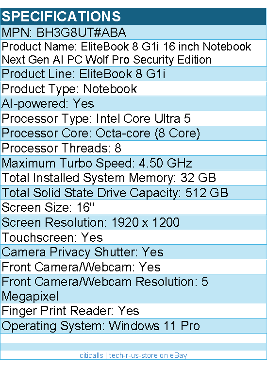 HP BH3G6UT#ABA EliteBook 8 G1i 16" Touchscreen Notebook - Intel Core Ultra 5