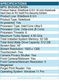 HP BH3G8UT#ABA EliteBook 8 G1i 16" Touchscreen Notebook - Intel Core Ultra 5