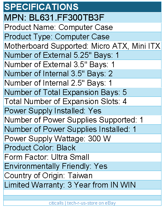 In Win  BL631.FF300TB3F Computer Case - Black - 5 x Bay - 1 x 300 W