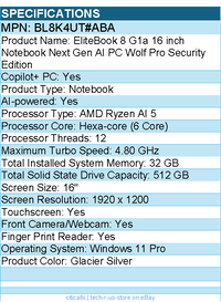 HP BL8K4UT#ABA EliteBook 8 G1a 16" Touchscreen Copilot+ PC Notebook