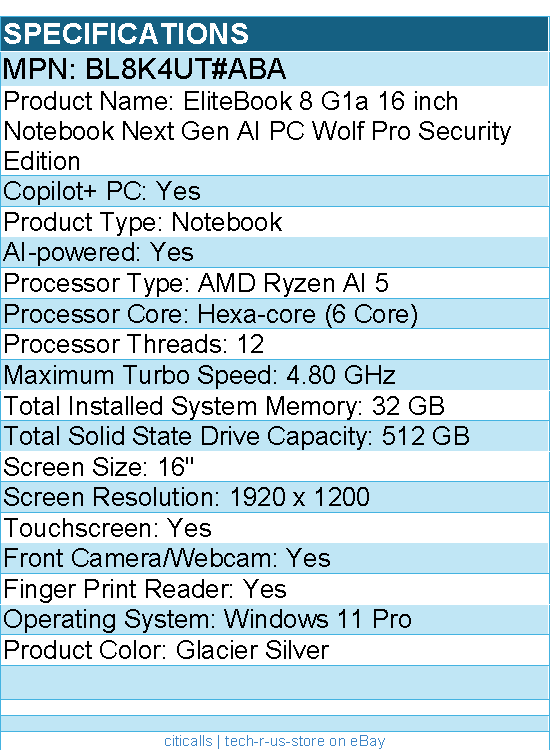 HP BL8K4UT#ABA EliteBook 8 G1a 16" Touchscreen Copilot+ PC Notebook