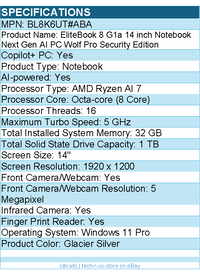 HP BL8K6UT#ABA EliteBook 8 G1a 14" Touchscreen Copilot+ PC Notebook